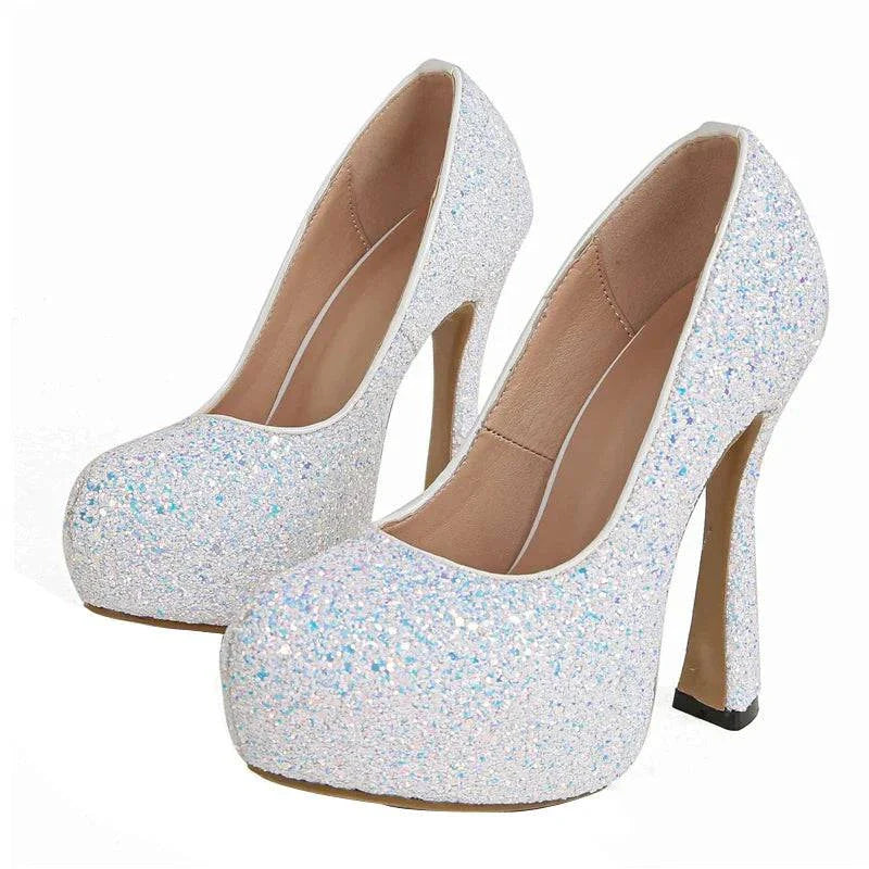 VougeVamp Sequined Cloth Platform Pumps - Round Toe High Heel Party Shoes for Women