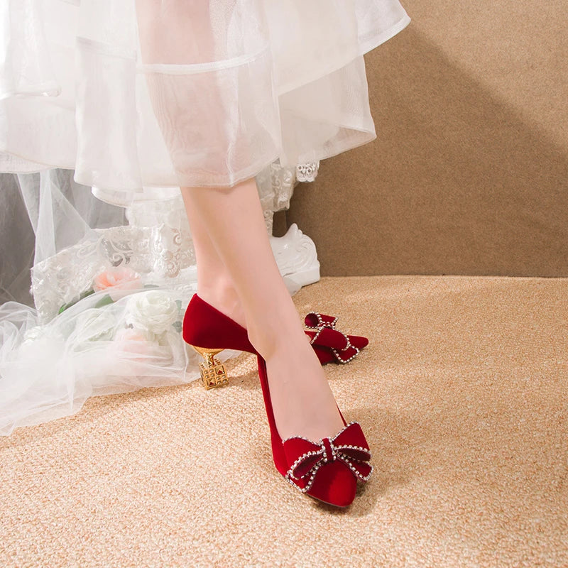 VougeVamp Red Bowtie Crystal High Heel Pumps – Elegant Slip-On Bridal & Party Shoes