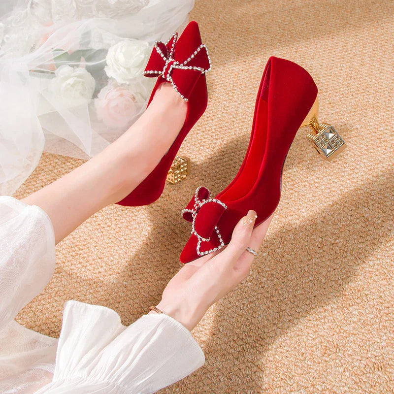VougeVamp Red Bowtie Crystal High Heel Pumps – Elegant Slip-On Bridal & Party Shoes