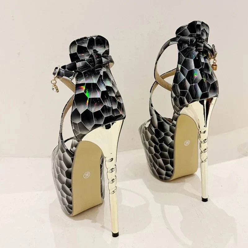 VougeVamp Women’s Snake Print Peep-Toe Platform Pumps – Sexy Buckle Strap High Heels for Summer Banquets and Parties