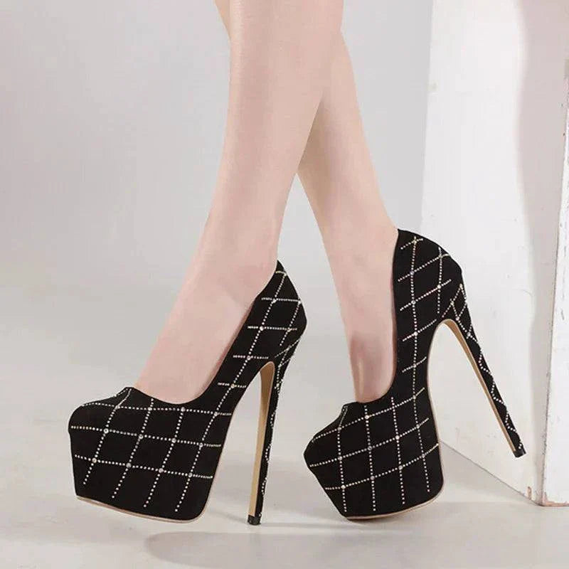 VougeVamp Women’s Catwalk Super High Heels – Crystal Rhinestone Platform Pumps for Parties and Banquets