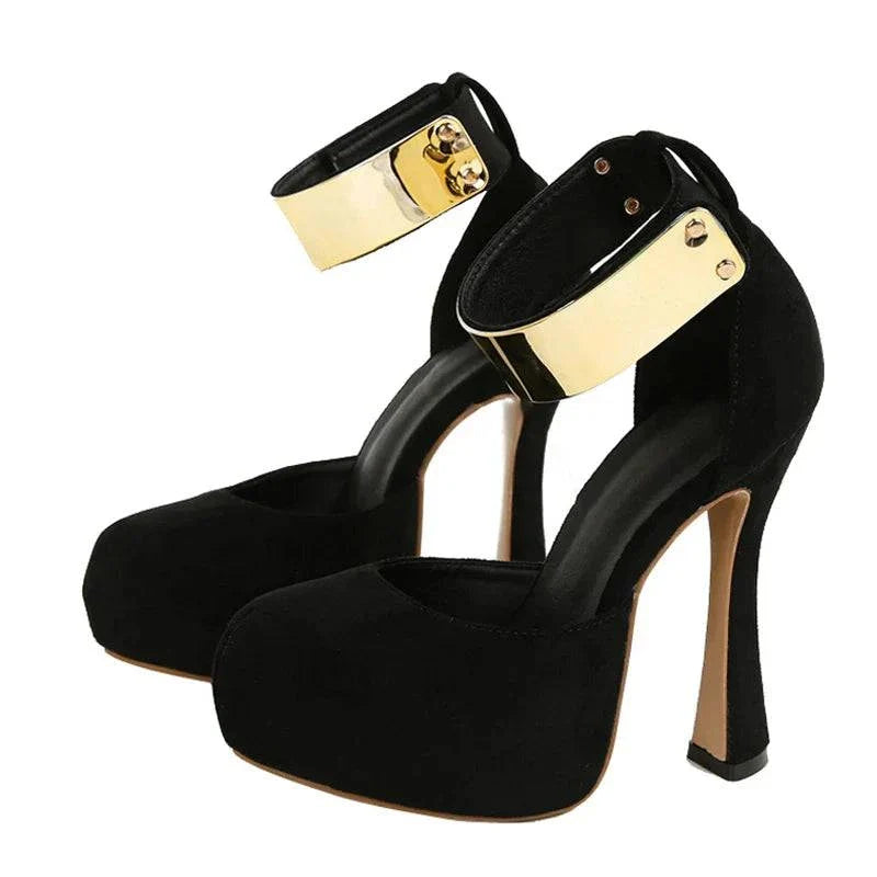 VougeVamp Women’s Metal Ankle Strap Platform Pumps – Sexy 13CM Strange High Heels for Parties and Proms