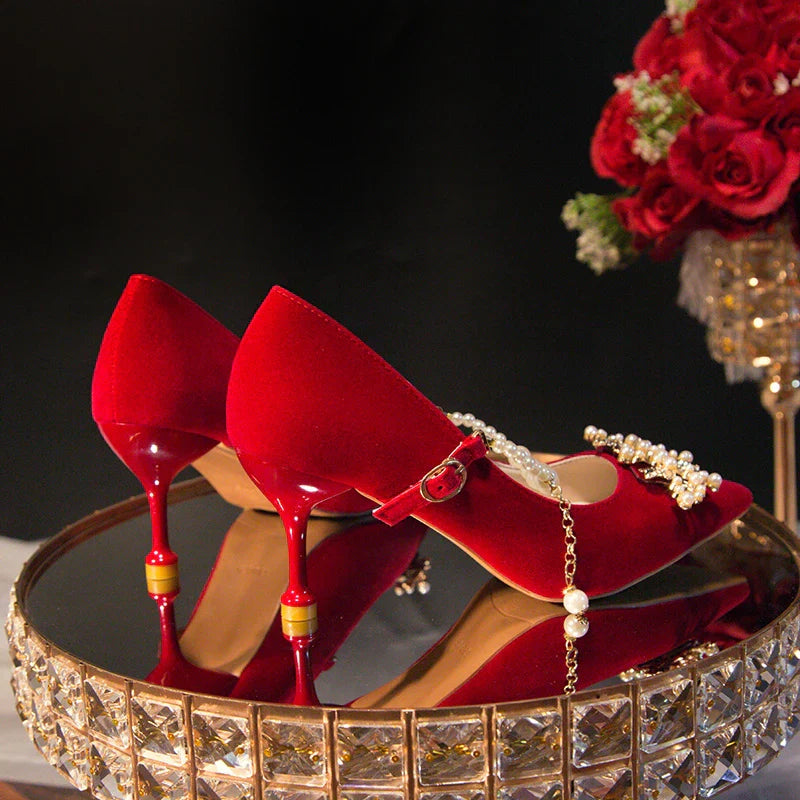 Women's Suede Pointed Toe High Heels – Elegant Embroidered Bridal & Banquet Pumps with Metal Detail