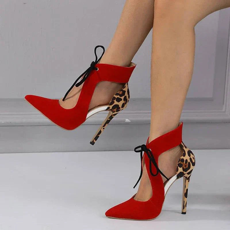 VougeVamp Leopard Print Cross-Tied Platform Pumps - Pointed Toe 12CM High Heel Wedding Shoes for Women