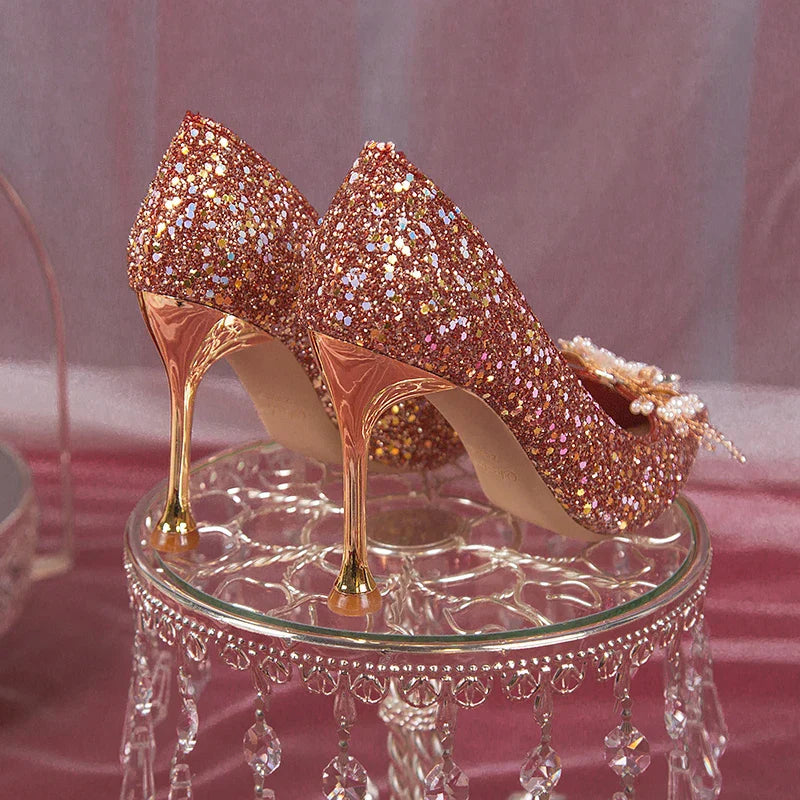 VougeVamp Pearl Flower Bridal Pumps – Elegant Bling High Heels for Weddings & Parties