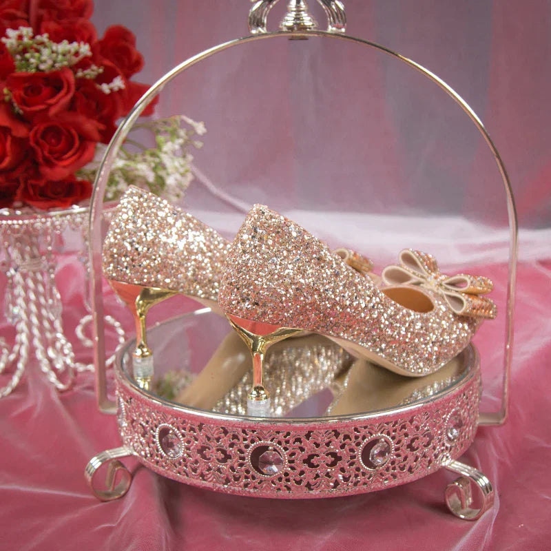 VougeVamp Handmade Crystal Bow Bridal Pumps – Glitter High Heels for Weddings & Parties