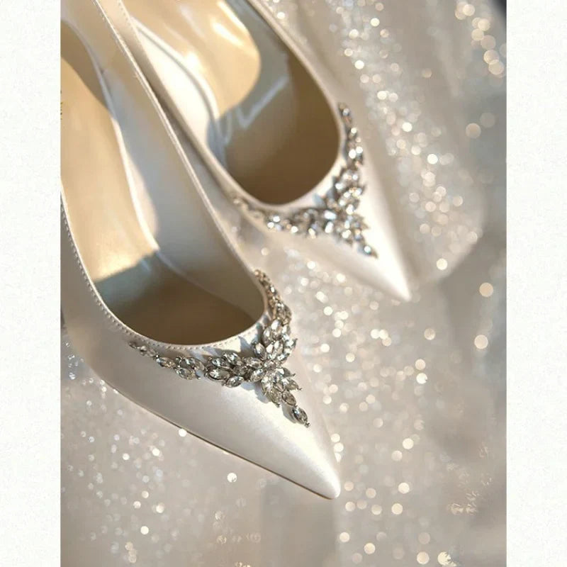 VougeVamp White Silk Satin Bridal Heels – Rhinestone Crystal Stiletto Pumps for Weddings