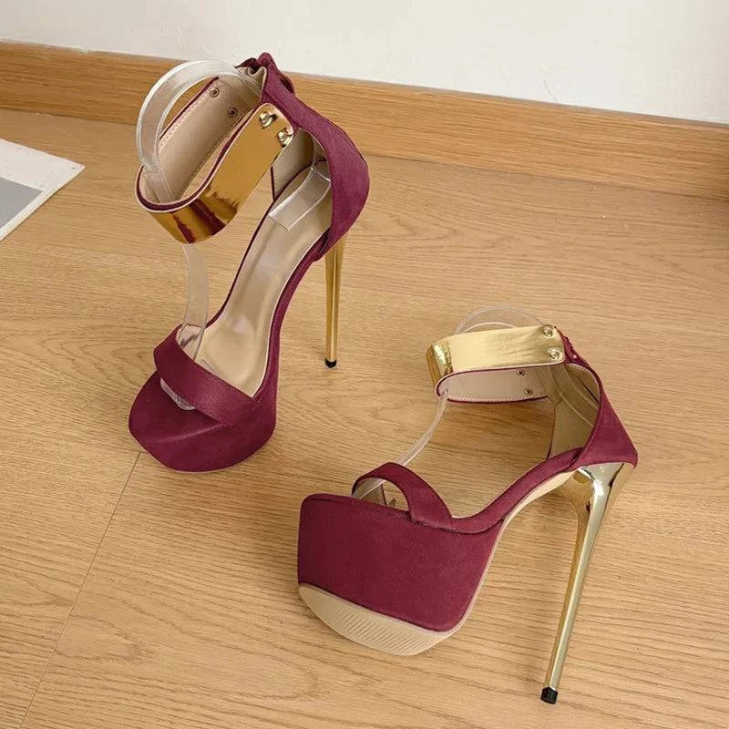 VougeVamp Metal Ankle Zip Platform Sandals - 16CM High Heel Party Shoes for Women