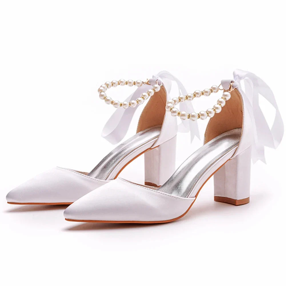 VougeVamp Handmade Silk Beaded Bridal Pumps – Pointed Toe Buckle Strap Sandals with Thick High Heels