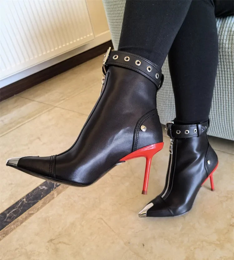 Handmade Women's Red High-Heeled Ankle Boots with Belt Buckle, Front Zipper, Pointed Toe, and Metallic Accent - VougeVampUK
