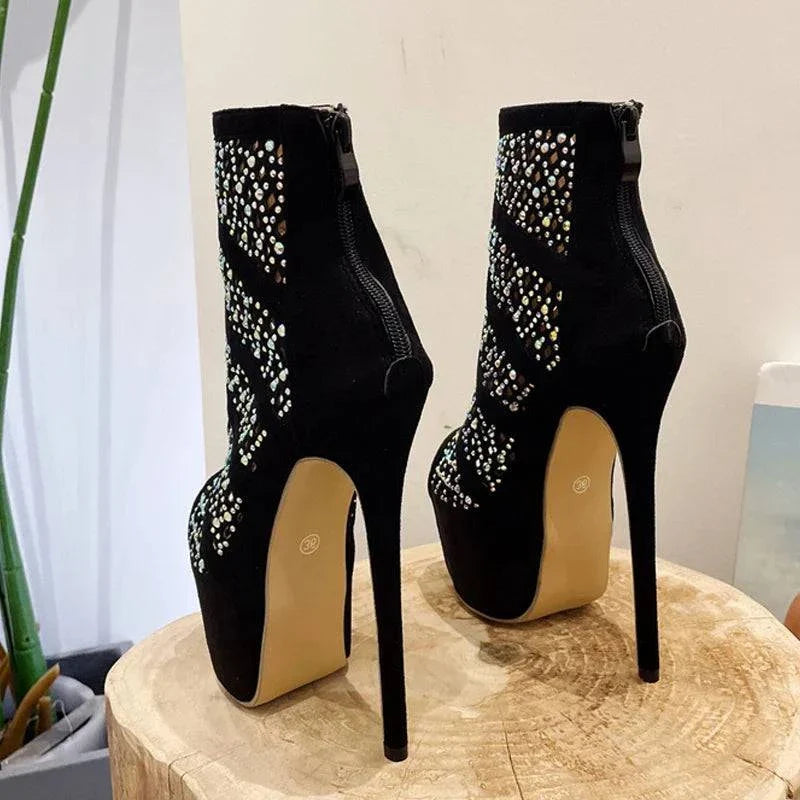 VougeVamp Rhinestone Mesh Ankle Boots - Peep Toe Platform High Heel Booties for Women