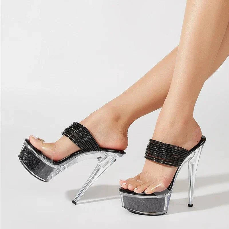 VougeVamp Sequined Transparent Platform Slippers - Open Toe High Heel Banquet Sandals for Women