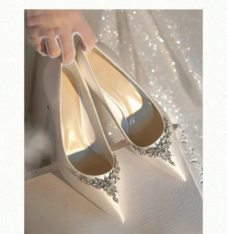 VougeVamp White Silk Satin Bridal Heels – Rhinestone Crystal Stiletto Pumps for Weddings