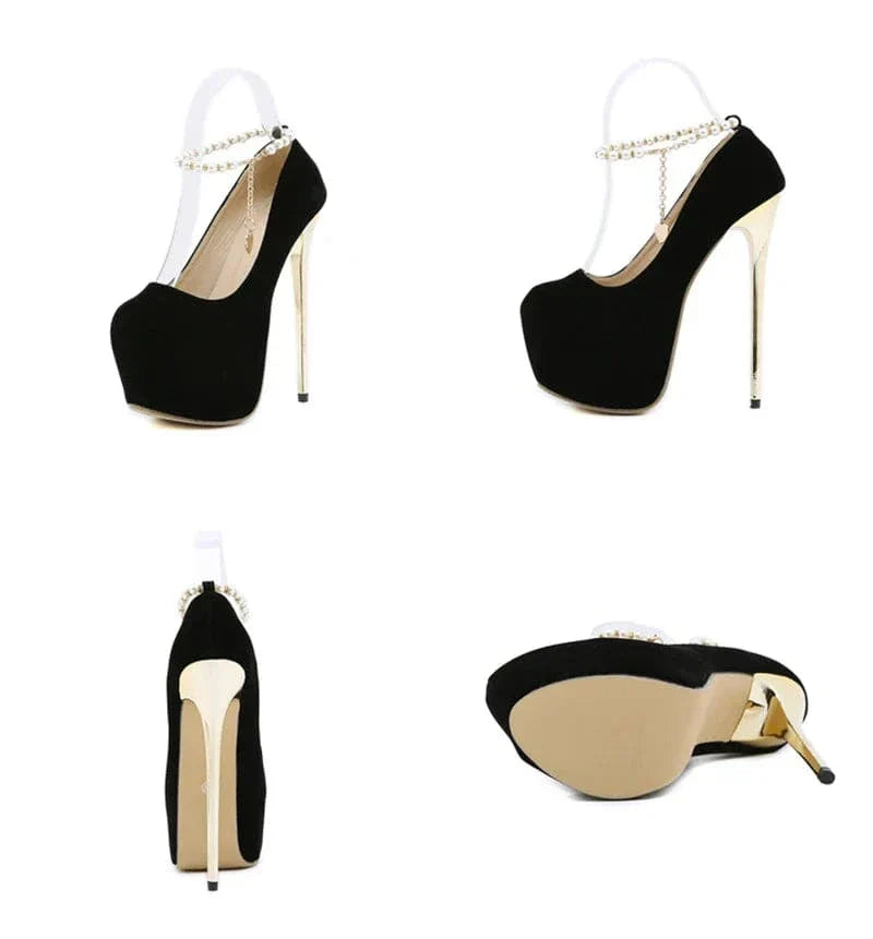 VougeVamp Black String Bead Platform Pumps - 16CM High Heel Ankle Strap Party Shoes for Women