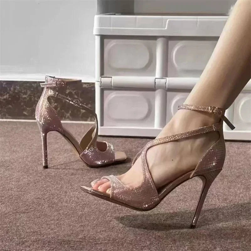 VougeVamp Pink Ankle Cover Strap Gladiator Sandals - Square Open Toe 7CM High Heel Wedding Shoes for Women