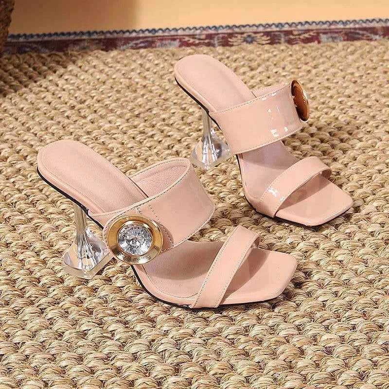 VougeVamp Transparent Metal Crystal Buckle Slippers - 9CM High Heel Party Sandals for Women