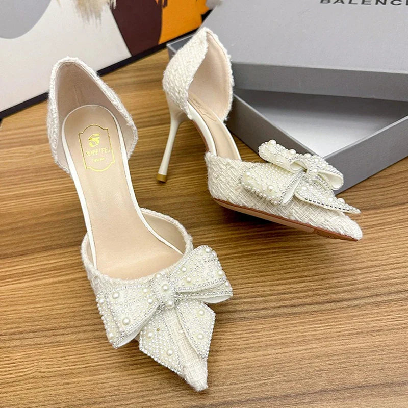 VougeVamp Women's Pearl Crystal Bow High Heels – Elegant White Wedding Pumps for Brides & Parties