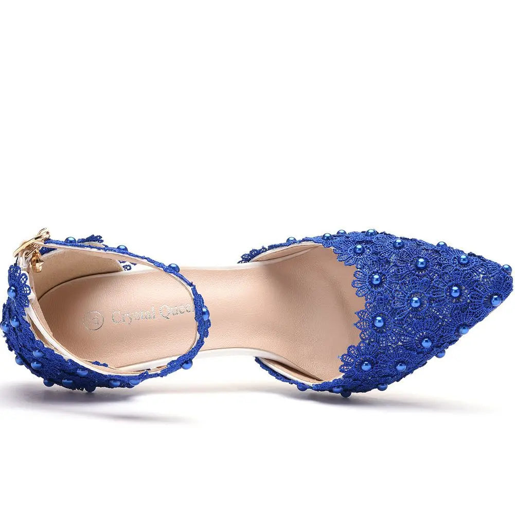 VougeVamp Women's Rhinestone Lace Wedding Heels – Elegant White Bridal Ankle Strap Pumps