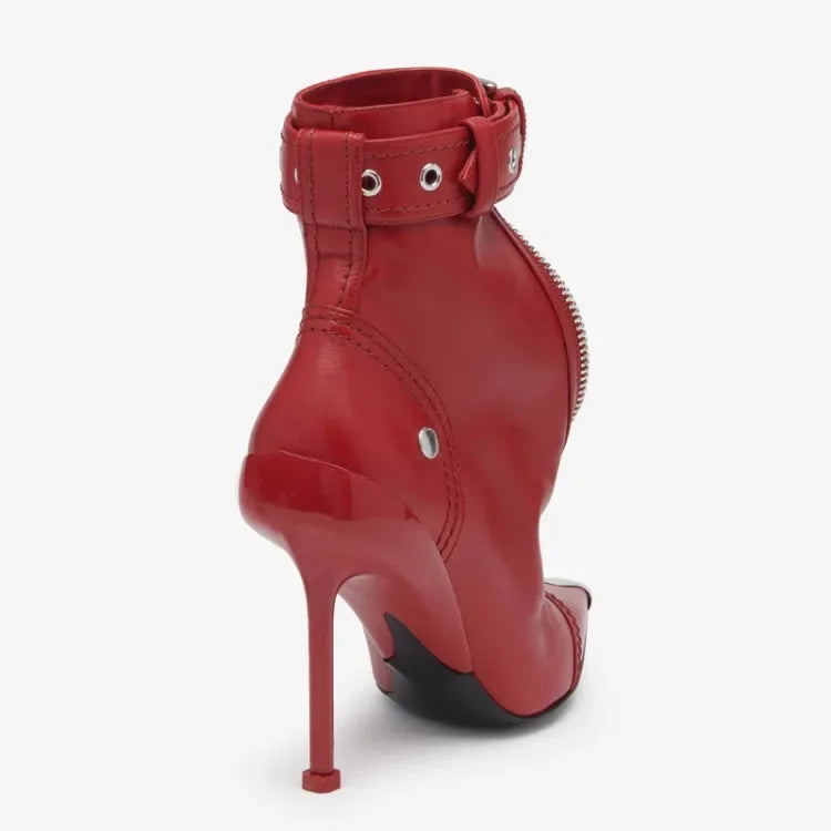 Handmade Women's Red High-Heeled Ankle Boots with Belt Buckle, Front Zipper, Pointed Toe, and Metallic Accent - VougeVampUK