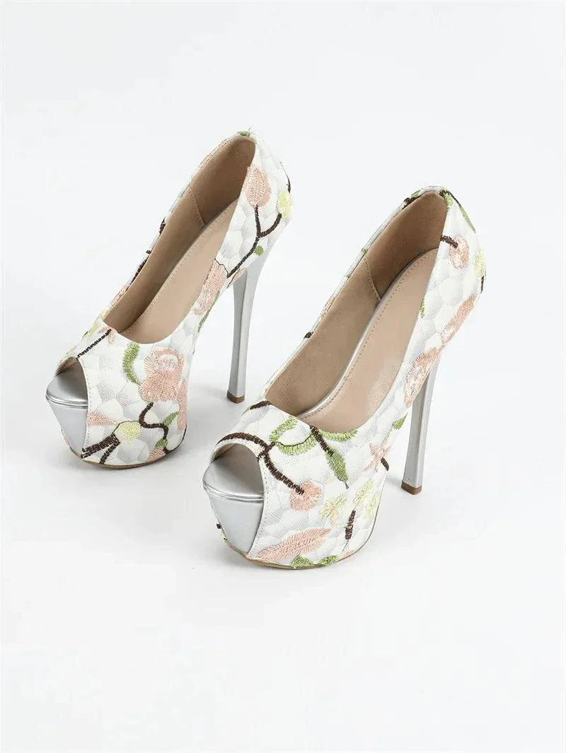 VougeVamp Embroidered Platform Pumps - Peep Toe 16CM High Heel Wedding Shoes for Women