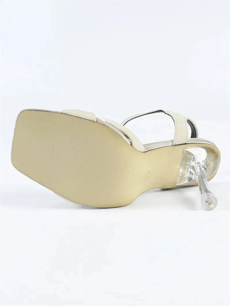 VougeVamp Pleated Silk Transparent Sandals - Square Toe High Heel Ankle Strap Shoes for Women