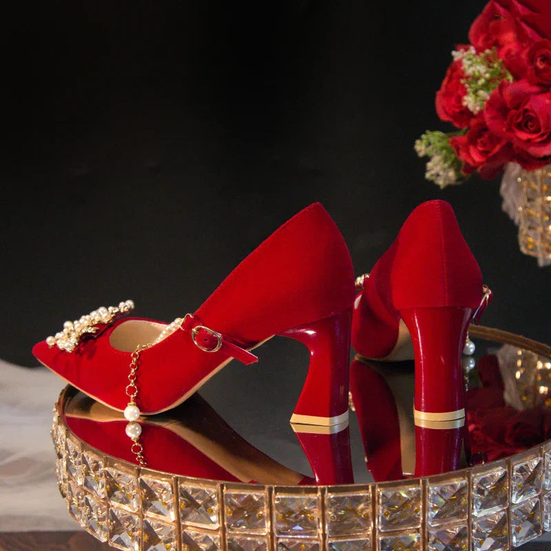 Women's Suede Pointed Toe High Heels – Elegant Embroidered Bridal & Banquet Pumps with Metal Detail