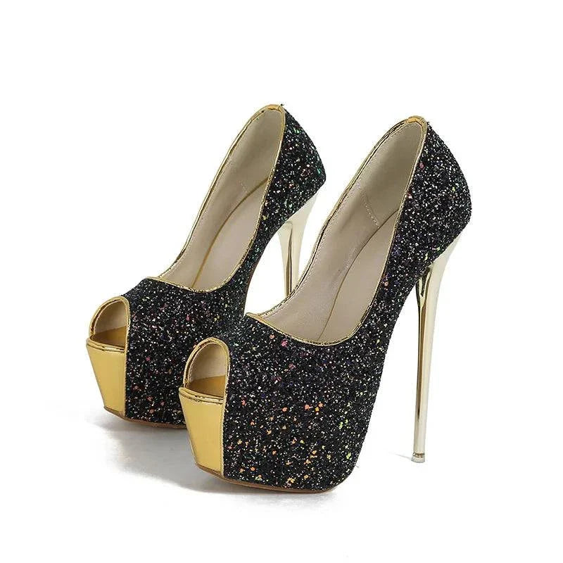 VougeVamp Women’s Sequined Peep-Toe Platform Pumps – Extreme High Heels for Parties, Nightclubs, and Weddings