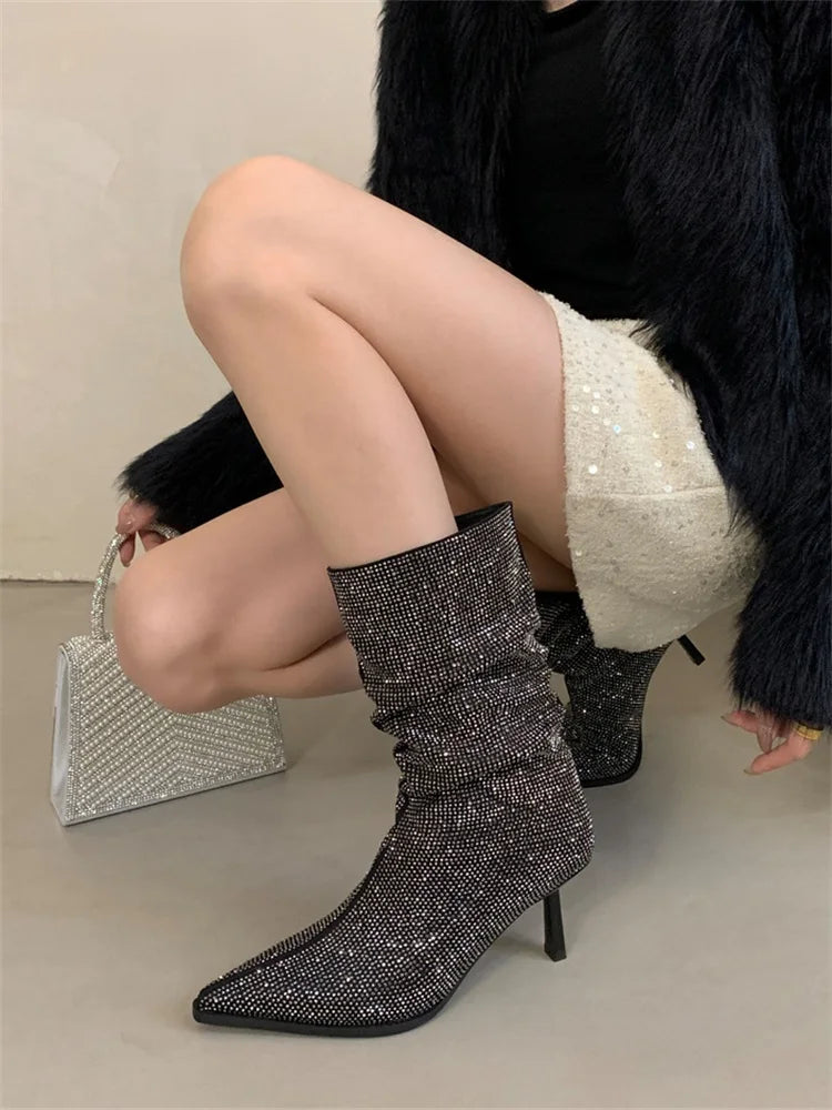 Handmade Rhinestone-Embellished Pointed Toe Ankle Boots for Women - Sexy Thin High Heels Booties - VougeVampUK
