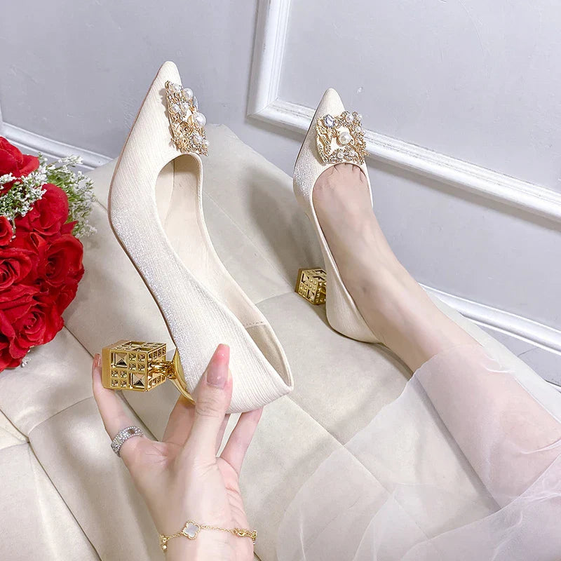 Women's High Heels Pointed Toe with Shaped Heel and Square Buckle, 5cm-7cm Wedding and Banquet Shoes