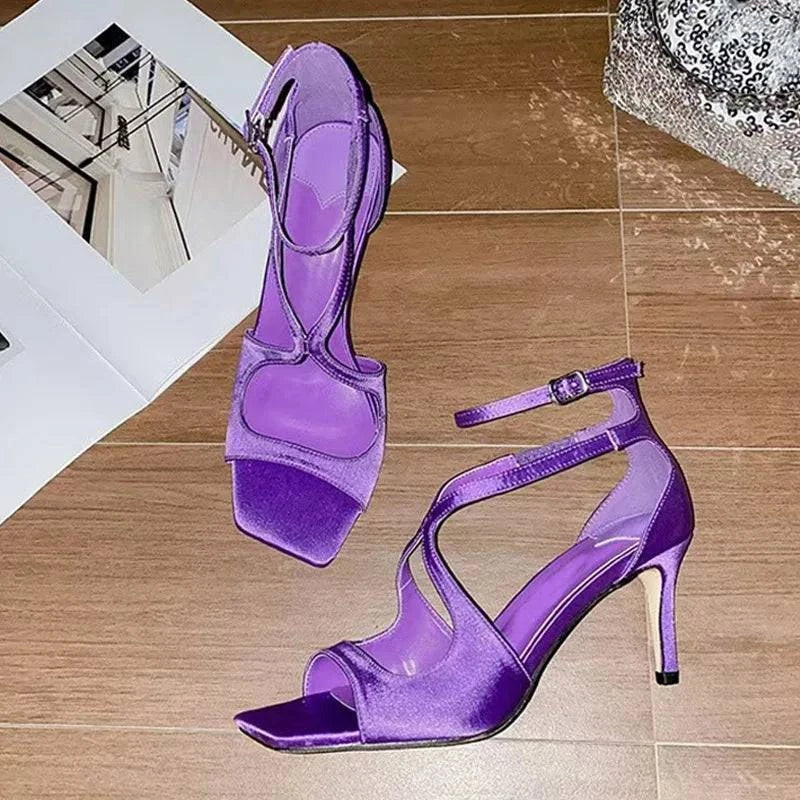 VougeVamp Pink Ankle Cover Strap Gladiator Sandals - Square Open Toe 7CM High Heel Wedding Shoes for Women