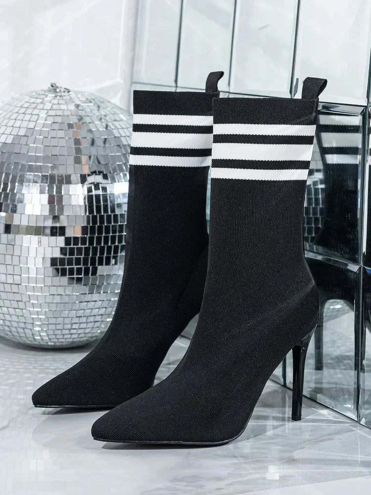 Handmade Street Style Pointed Toe Women’s Ankle Boots, Stretch Fabric Socks, Sexy Thin High Heels for Party & Prom - VougeVampUK