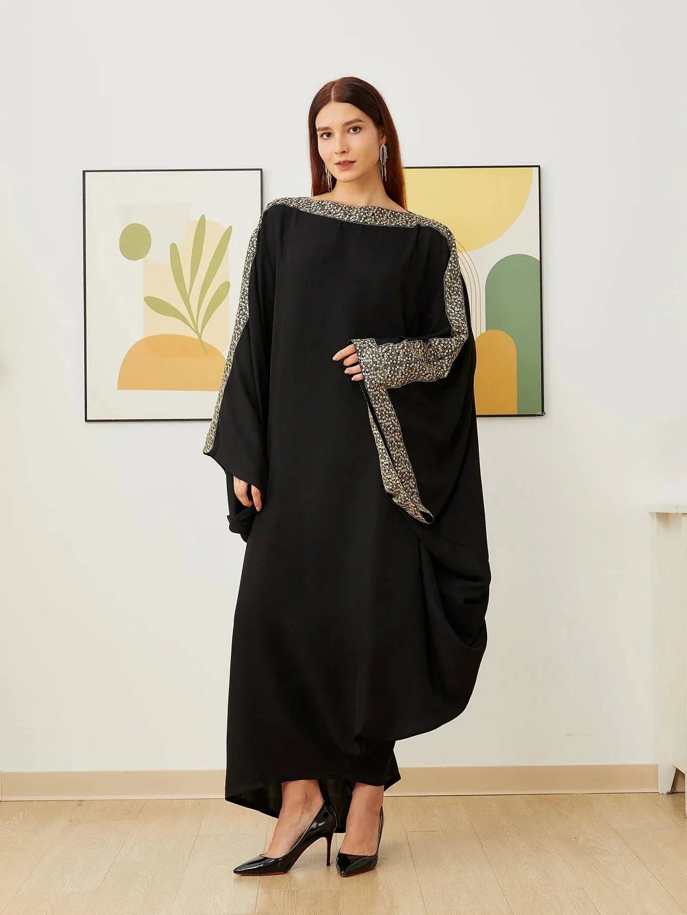 VougeVamp Ultra Black Nida Abaya Muslim Party Dress - Women’s Long Loose Kaftan Dubai Islamic Robe - VougeVampUK