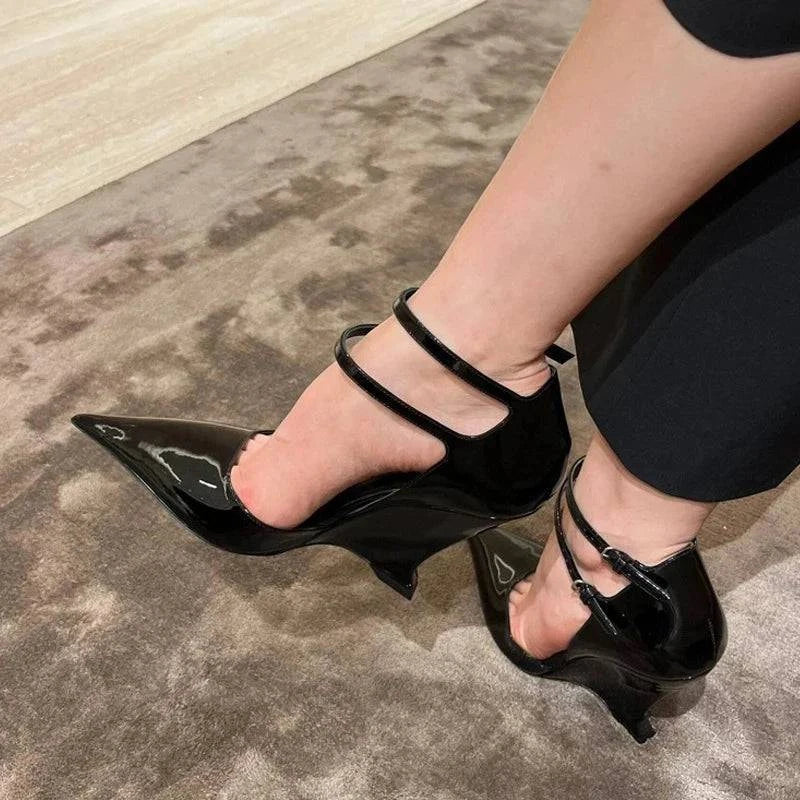 VougeVamp Red Patent Leather Wedge Pumps - Pointed Toe Double Buckle Party Shoes for Women