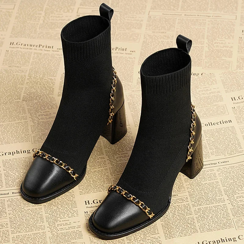VougeVamp Women's Knitted Chain Sock Boots – Trendy Chunky Heel Winter Ankle Boots - VougeVampUK