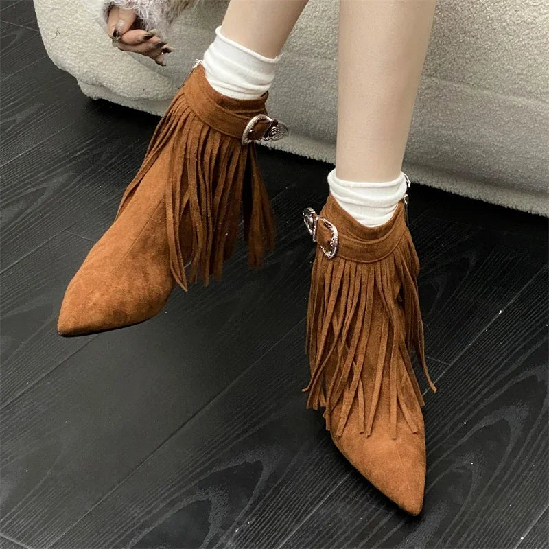 Tassel Belt Buckle Women’s Ankle Boots with Pointed Toe and Thin Heels, Fashionable Zipper Design - VougeVampUK