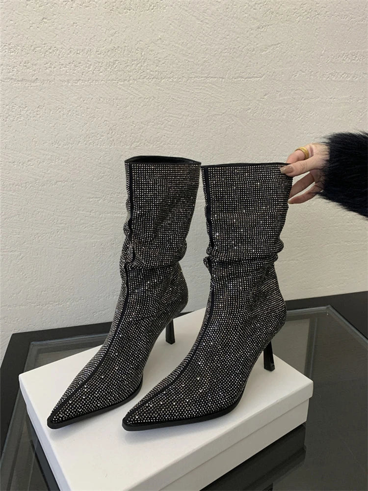 Handmade Rhinestone-Embellished Pointed Toe Ankle Boots for Women - Sexy Thin High Heels Booties - VougeVampUK