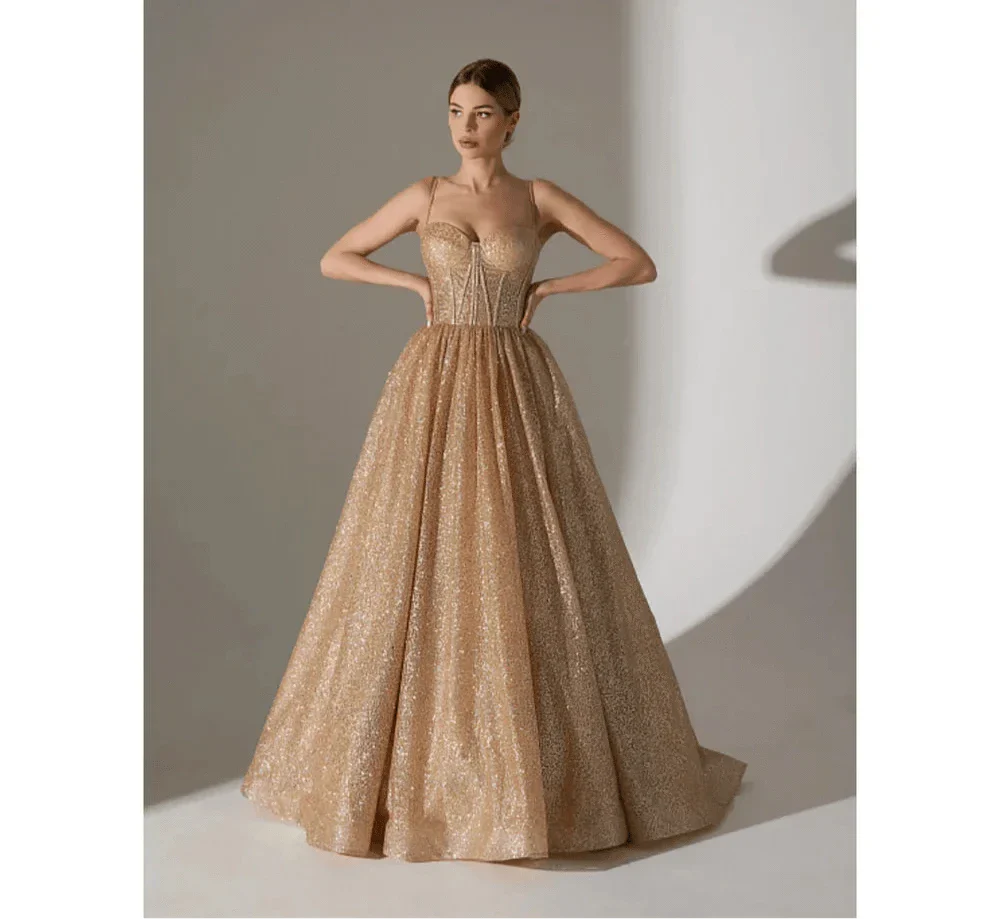 VougeVamp Sequin Spaghetti Strap V-Neck Evening Dress - Floor-Length Draped A-Line Wedding Gown - VougeVampUK