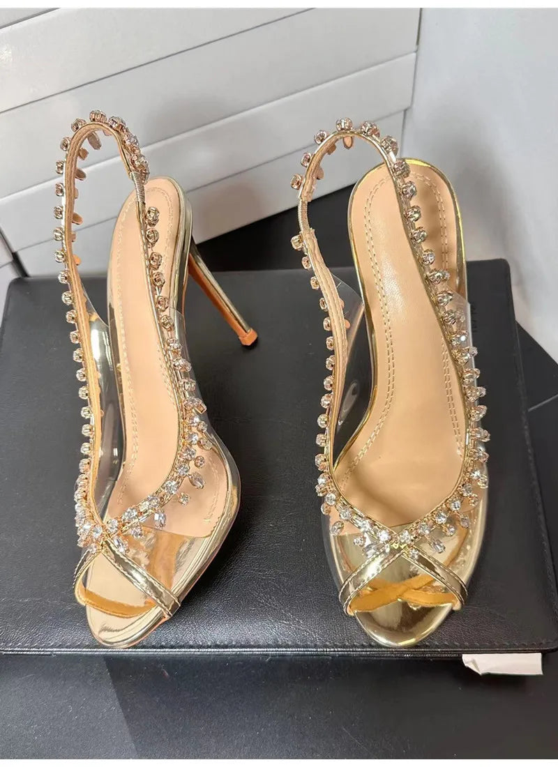 VougeVamp Luxury Crystal Tassel Slingback Pumps – Transparent PVC Peep-Toe High Heels for Weddings & Parties - VougeVampUK