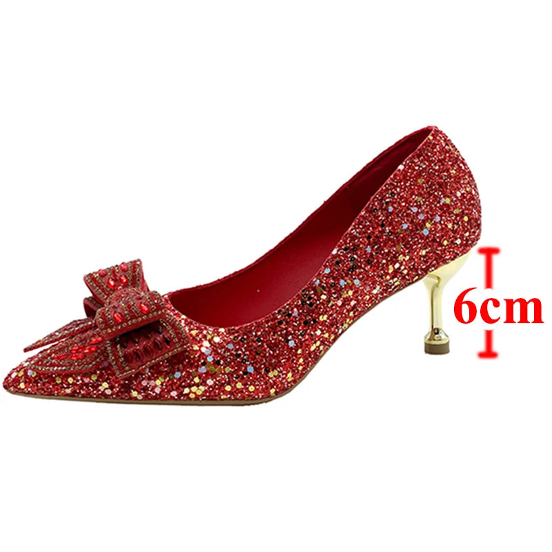 VougeVamp Handmade Crystal Bow Bridal Pumps – Glitter High Heels for Weddings & Parties