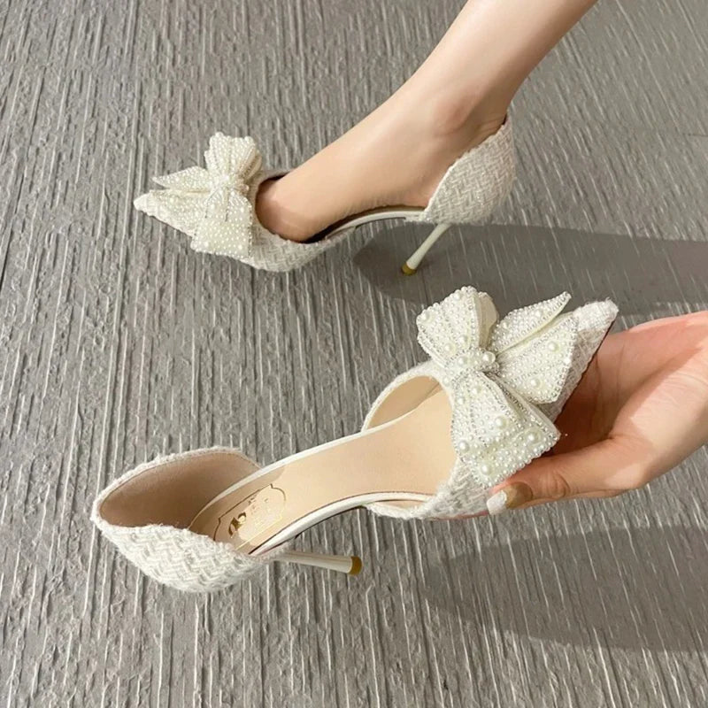 VougeVamp Bling Crystal Bow Thin Heel Pumps – Elegant D'Orsay Bridal & Party Shoes