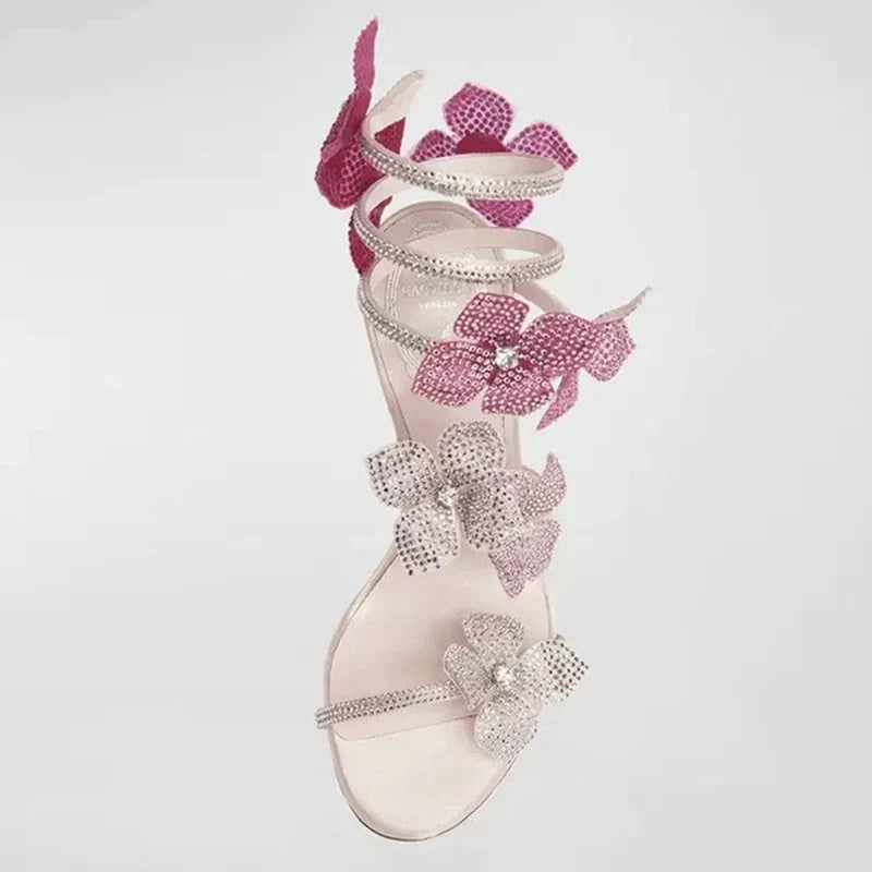 VougeVamp Crystal Flower Ankle Strap Sandals – Elegant Open-Toe Stiletto High Heels for Parties & Banquets