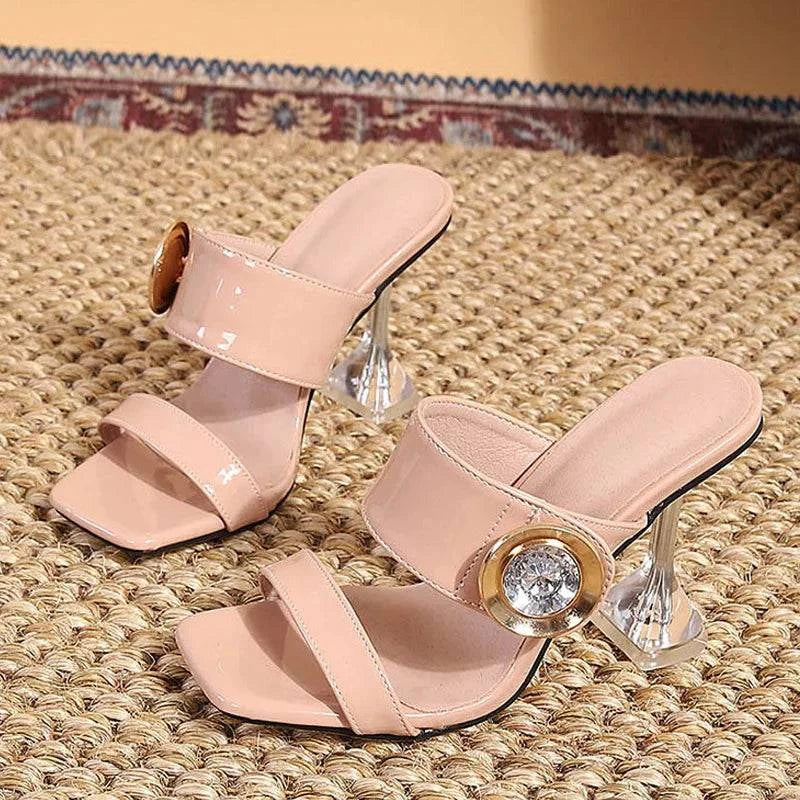 VougeVamp Transparent Metal Crystal Buckle Slippers - 9CM High Heel Party Sandals for Women
