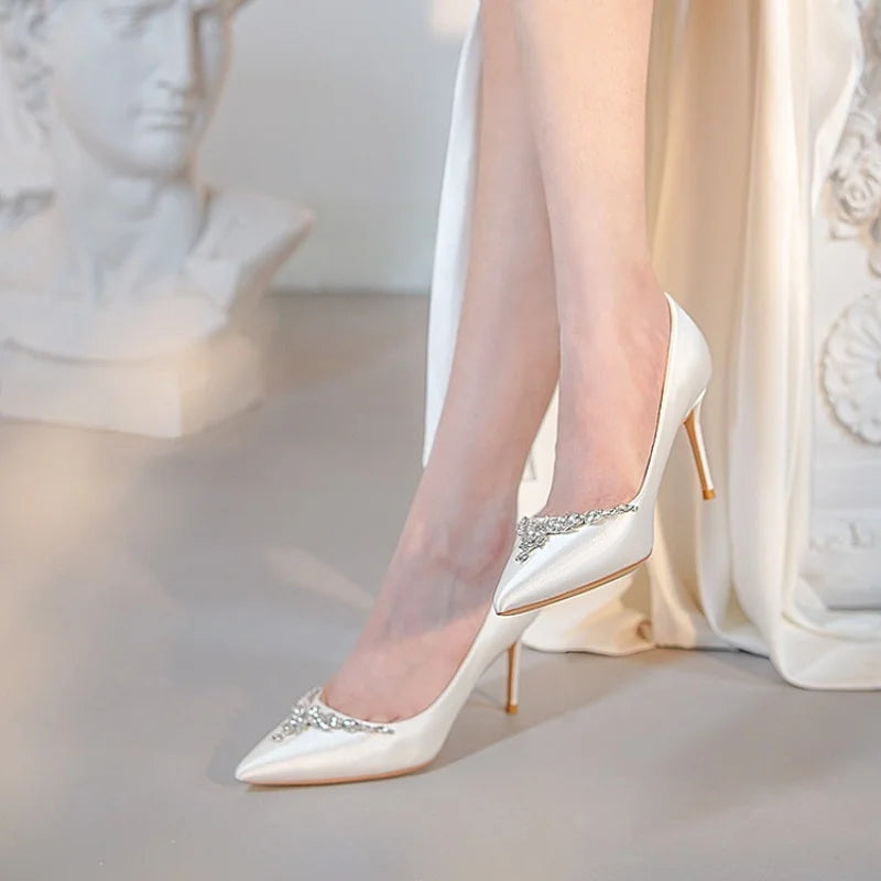 VougeVamp White Silk Satin Bridal Heels – Rhinestone Crystal Stiletto Pumps for Weddings