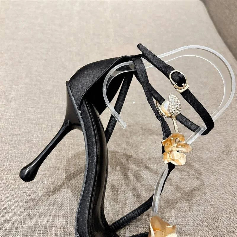 VougeVamp Gold Metal Flower Gladiator Sandals - Square Toe High Heel Party Shoes for Women