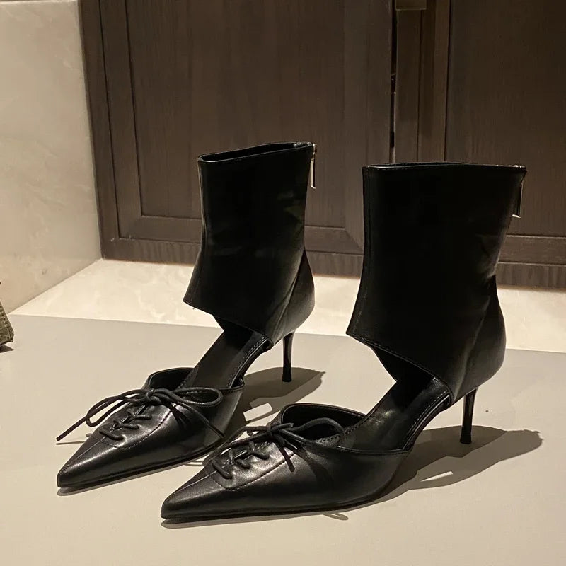 VougeVamp Women's Butterfly Knot Ankle Boots – Pointed Toe Thin Heel Boots with Zipper Closure