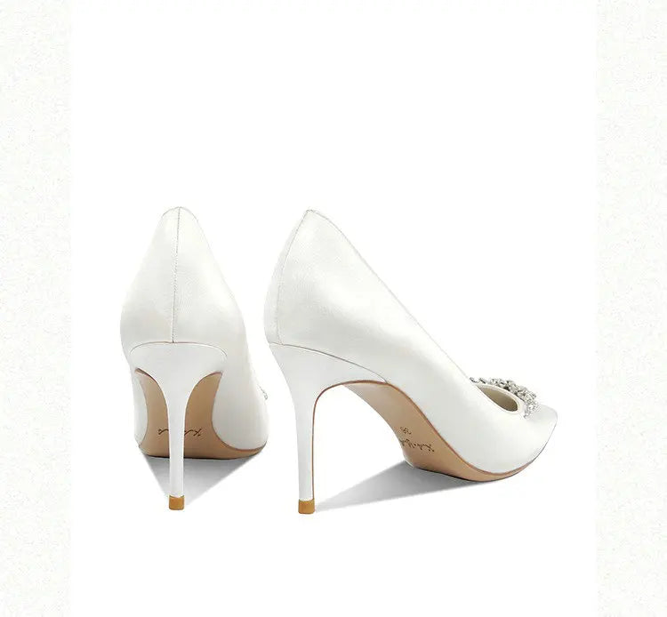 VougeVamp White Silk Satin Bridal Heels – Rhinestone Crystal Stiletto Pumps for Weddings