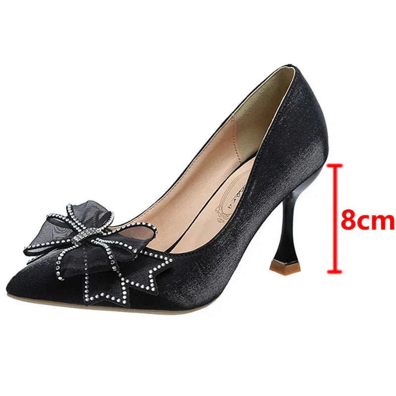 VougeVamp Rhinestone Bow Pointed Toe Stiletto Pumps – Elegant Satin Bridal & Wedding Heels - VougeVampUK