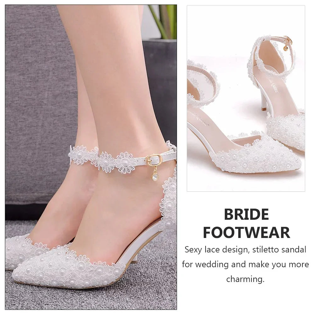 VougeVamp White Stiletto Bridal Heels – Pointed Toe Ankle Strap Wedding Sandals