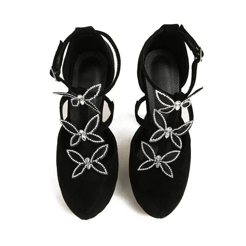 VougeVamp Crystal Rhinestone Butterfly Platform Pumps - Round Toe High Heel Dress Shoes for Women