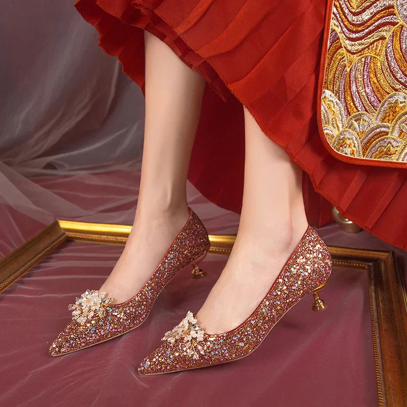 VougeVamp Pearl Flower Bridal Pumps – Elegant Bling High Heels for Weddings & Parties
